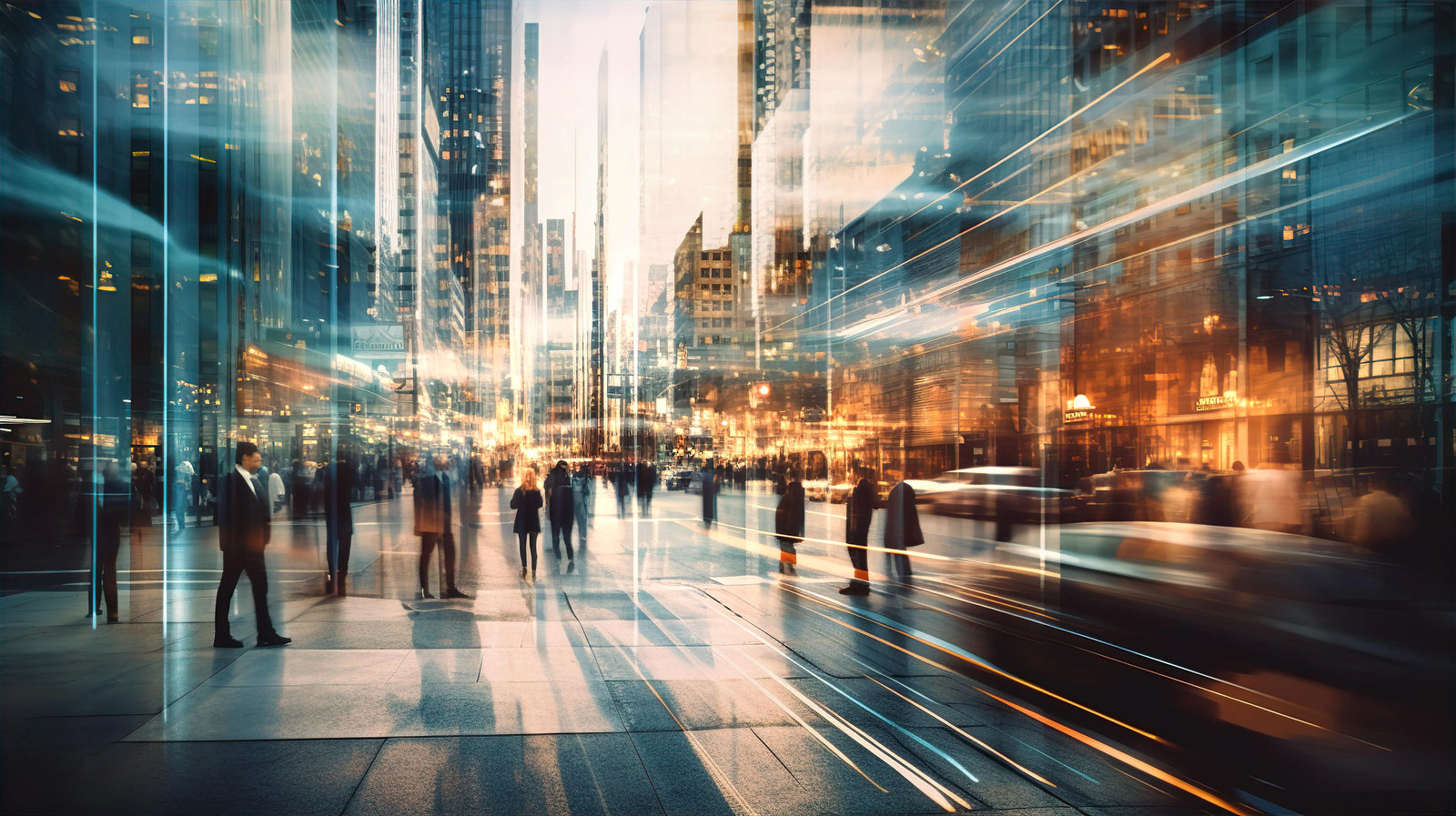 A double-exposure cityscape with blurred pedestrians and long vehicle light trails.