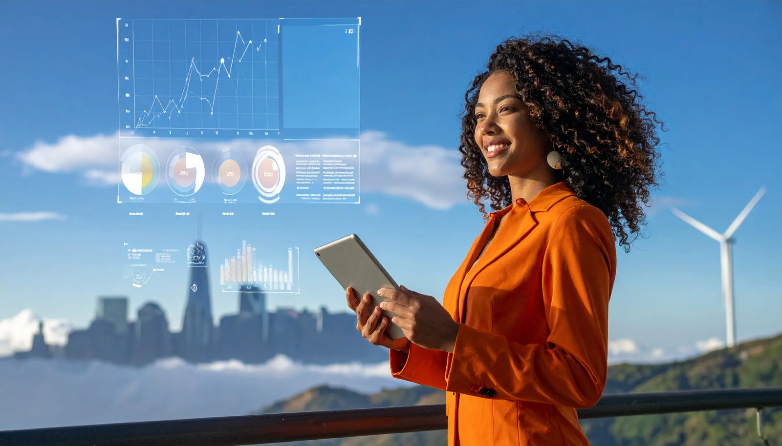 A woman in an orange blazer holding a tablet with a holographic data overlay in front of a city skyline.