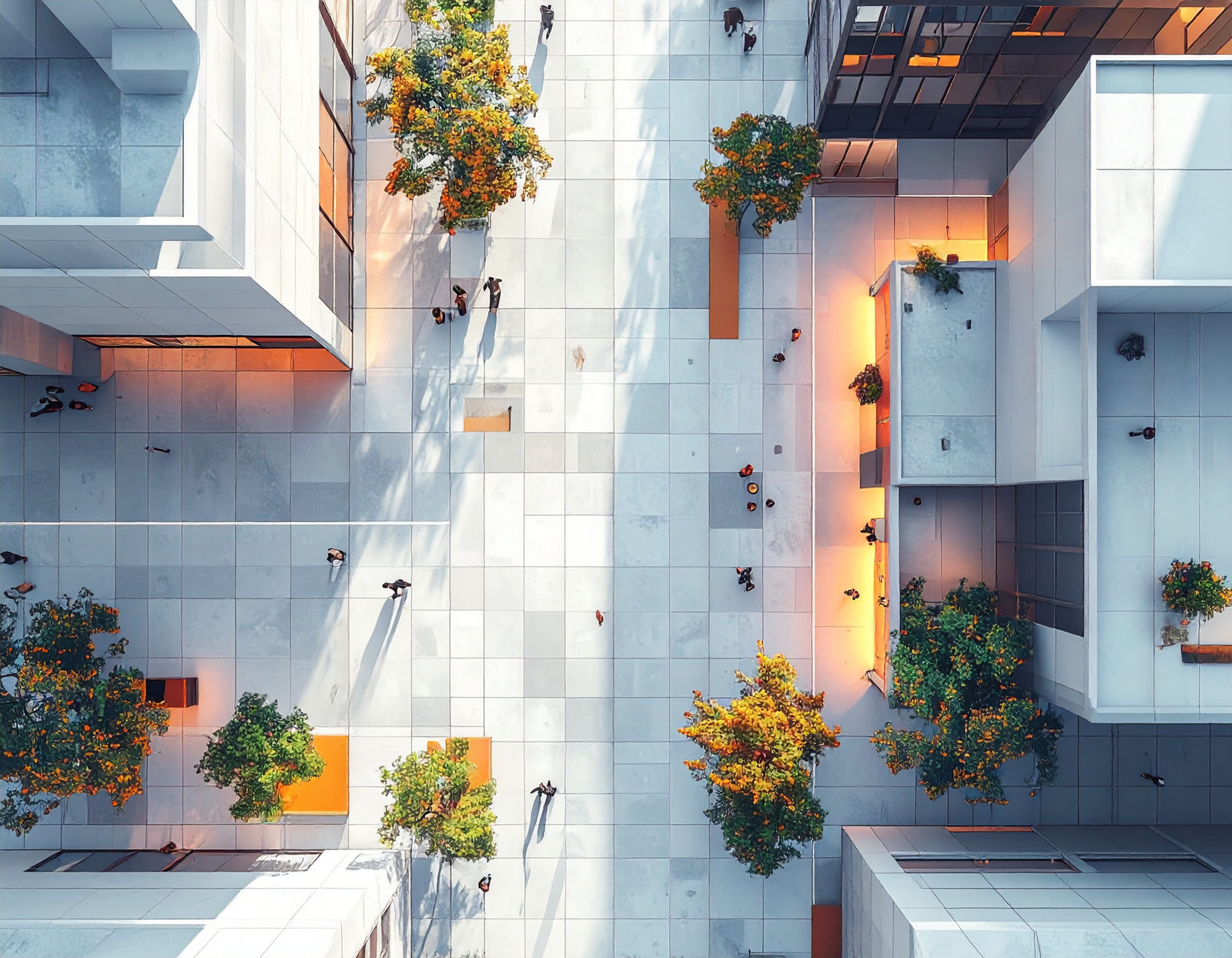 A modern architectural scene with buildings, balconies, and trees.