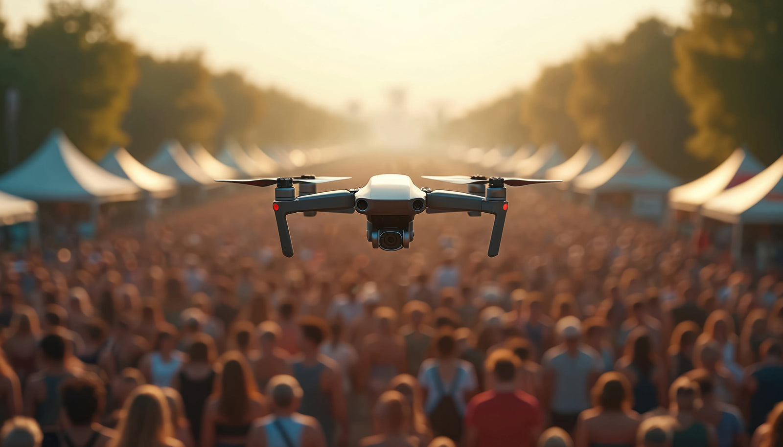 A quadcopter drone hovering over a crowd at an outdoor market during golden hour.