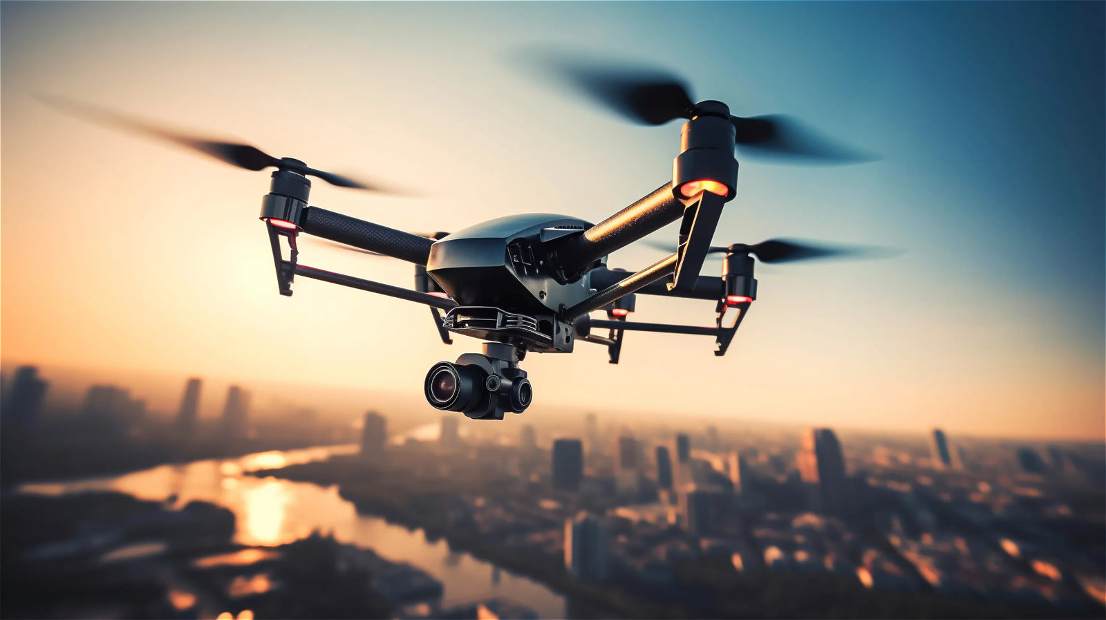 Drone flying over a cityscape with a sunset in the background.