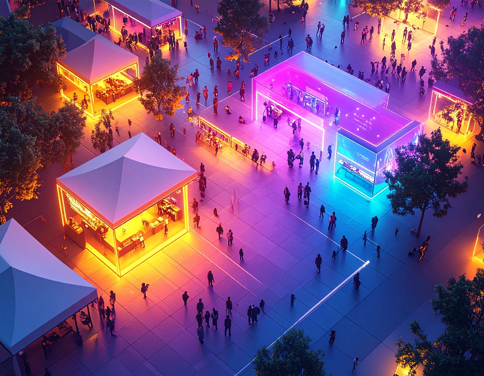 Aerial view of an outdoor plaza at night with illuminated kiosks and tents and crowds walking.