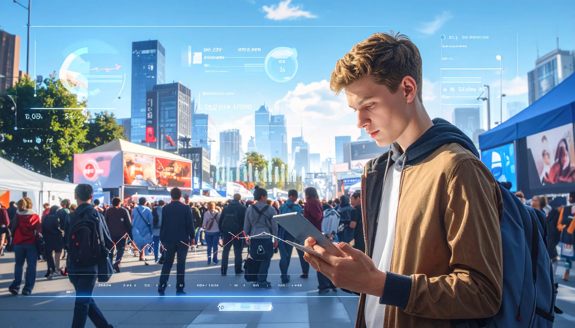 A man in a crowded outdoor street scene looking at a tablet with a futuristic data overlay.