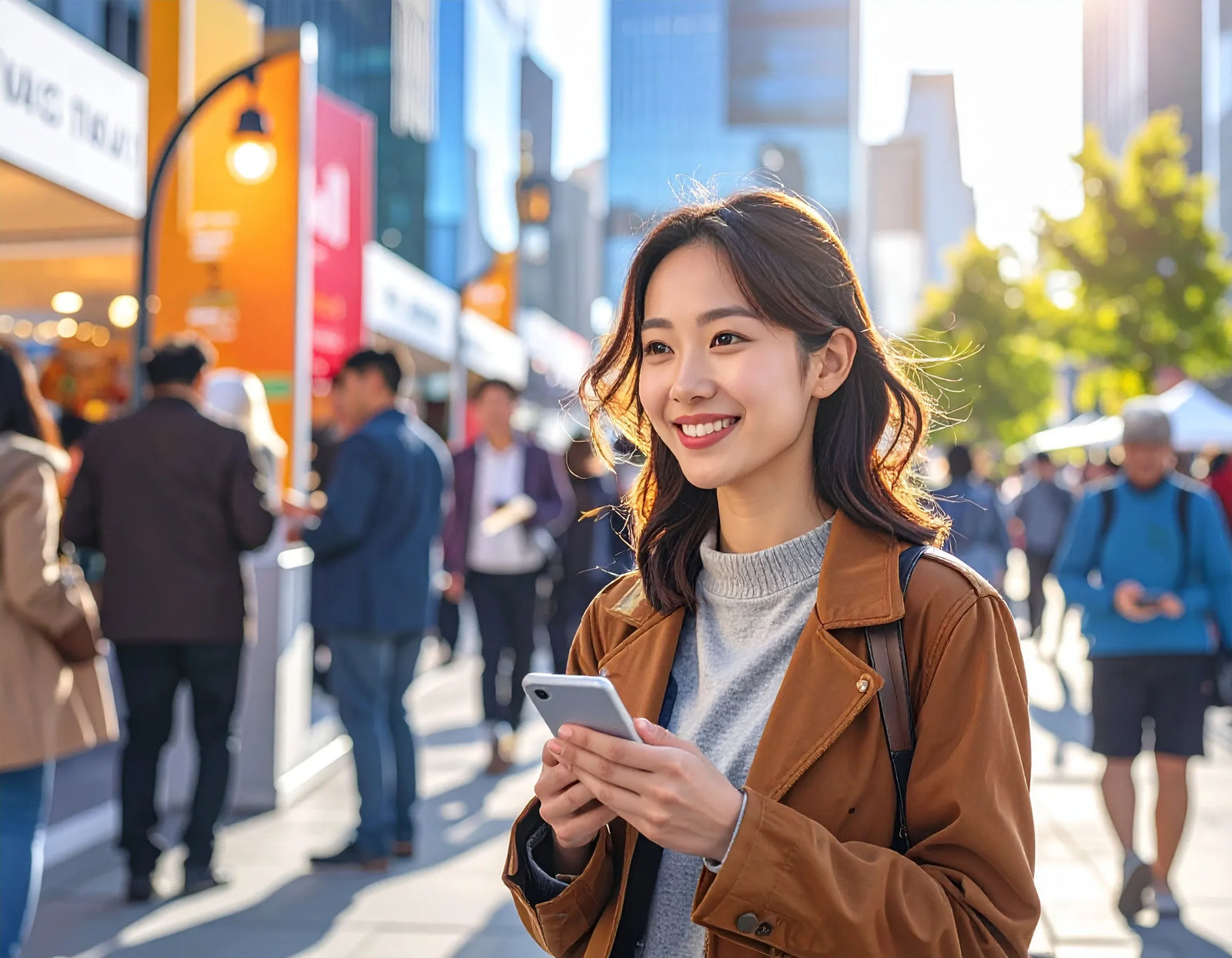 A woman on a busy city street holding a smartphone with blurred pedestrians behind her.