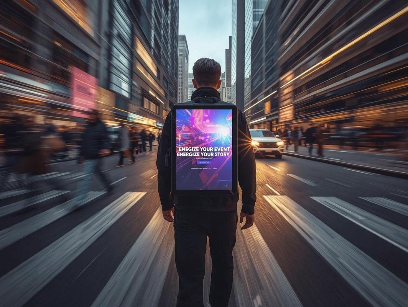 A person walking through the city wearing a backpack-mounted digital video screen.