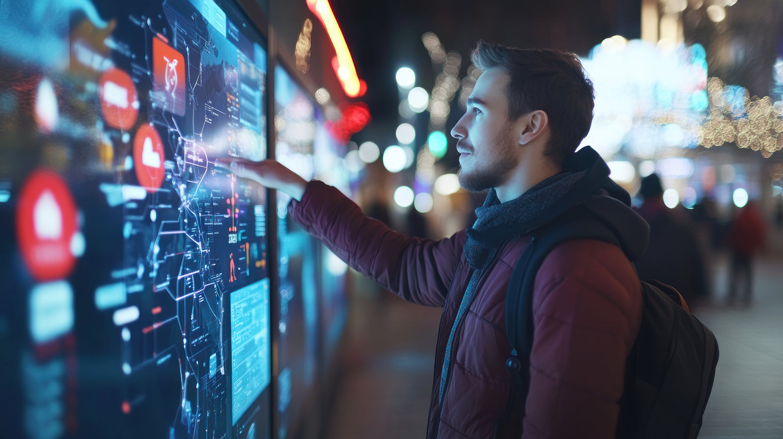 A man interacting with a large digital display in an urban night setting.