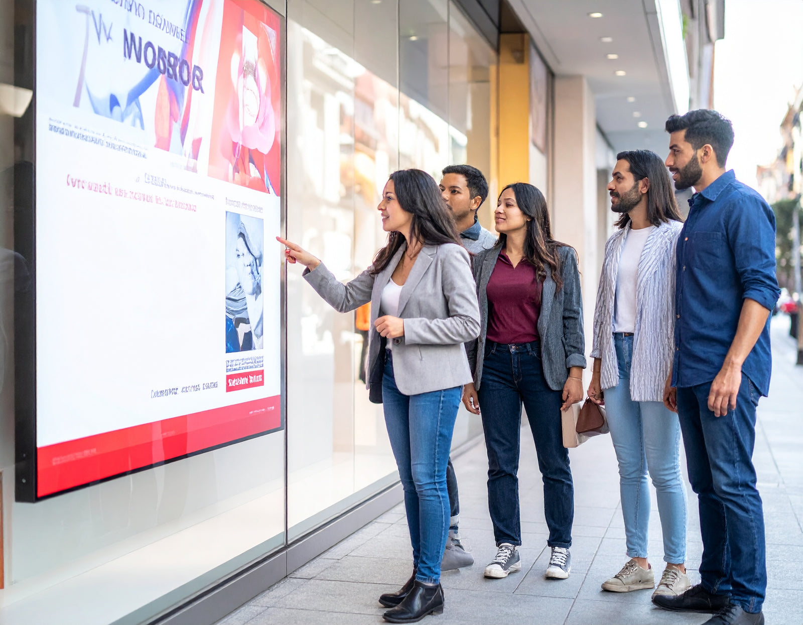 A group of people interacting with a digital display on a city street.