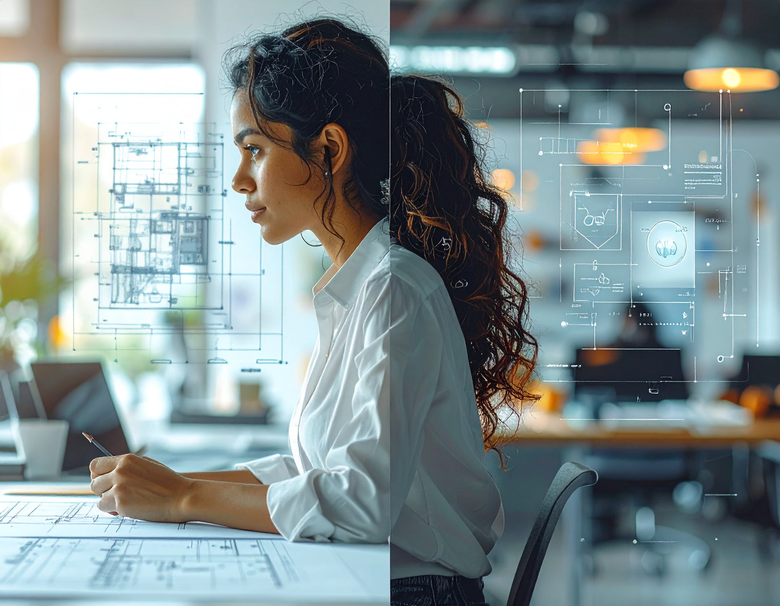 Woman working at a desk with a blurred office background.