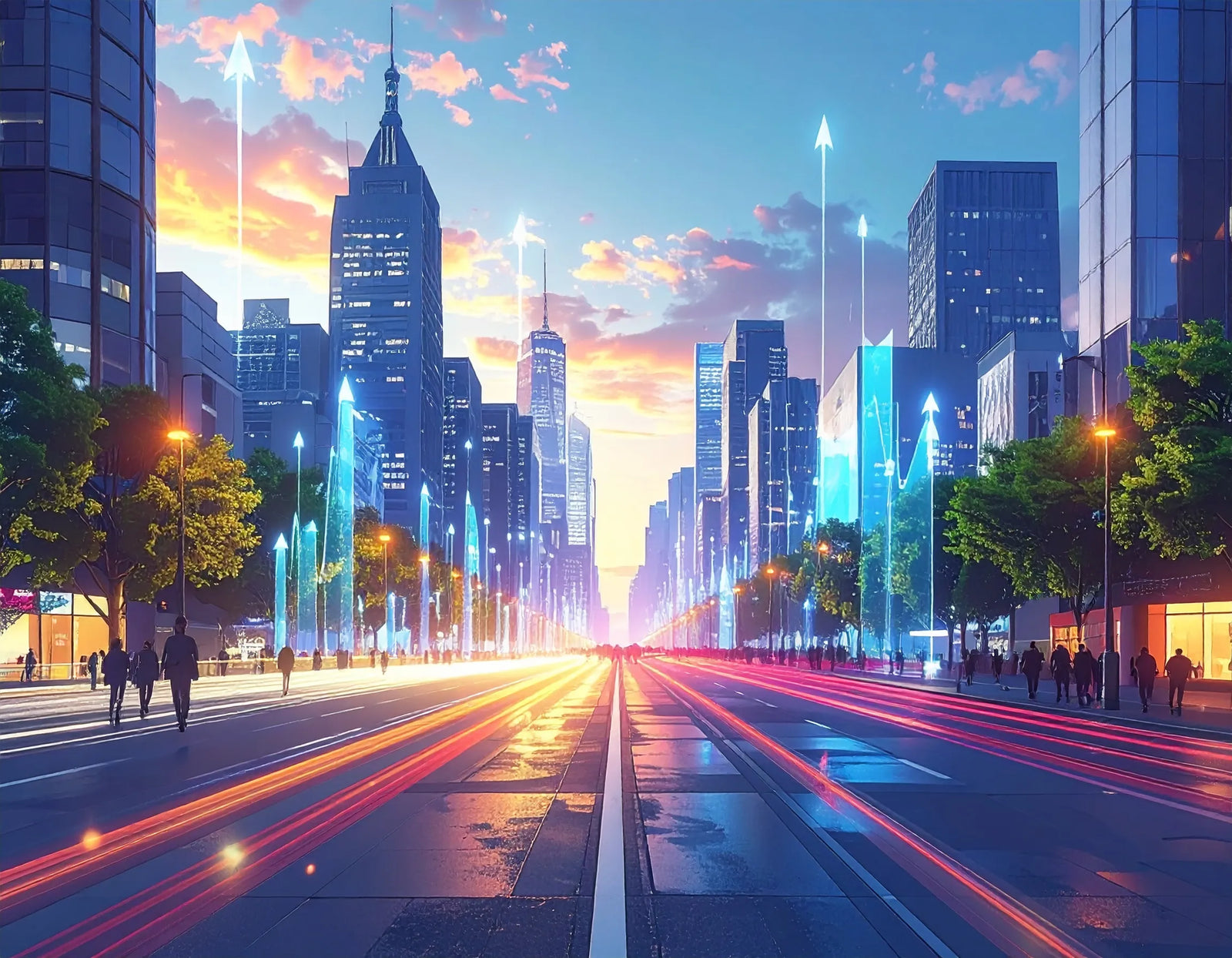A futuristic city street at dusk with glowing light towers and vehicle light trails.