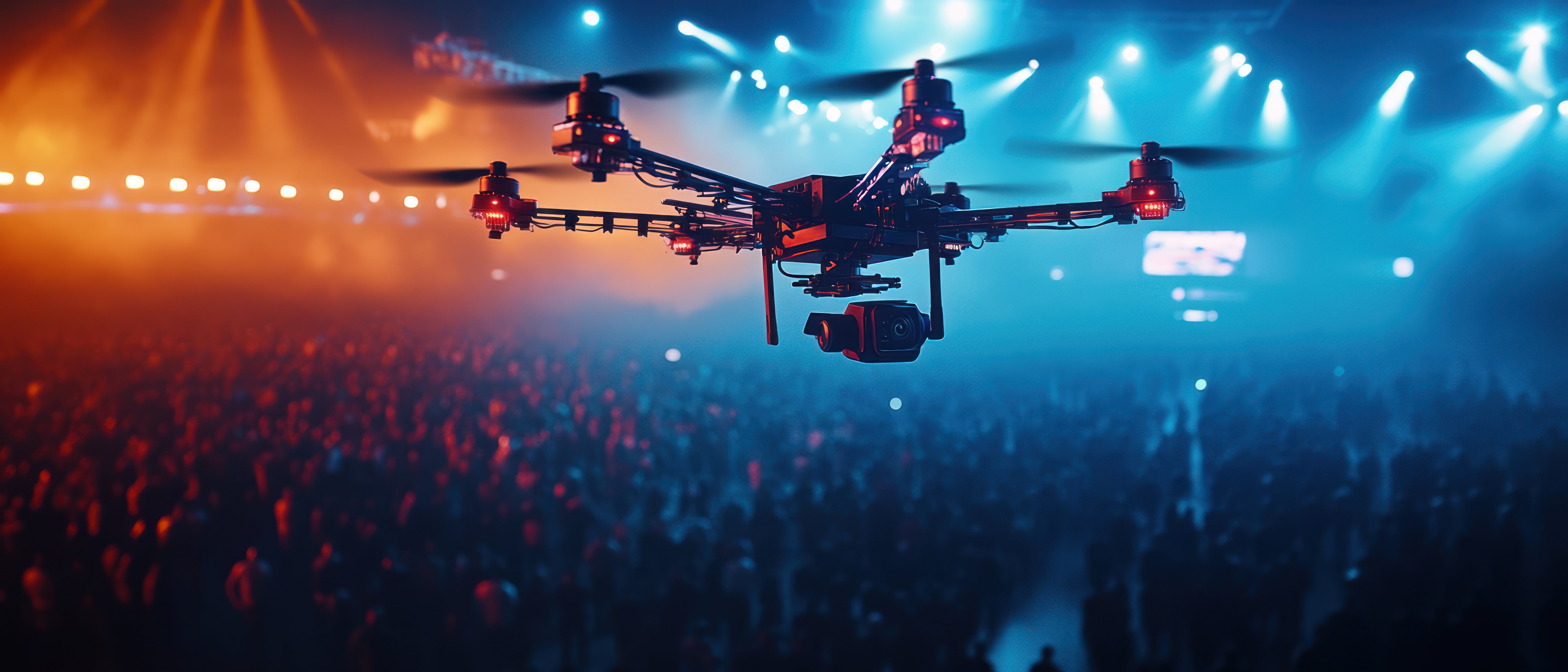 Drone flying over a crowd with colorful lights in the background