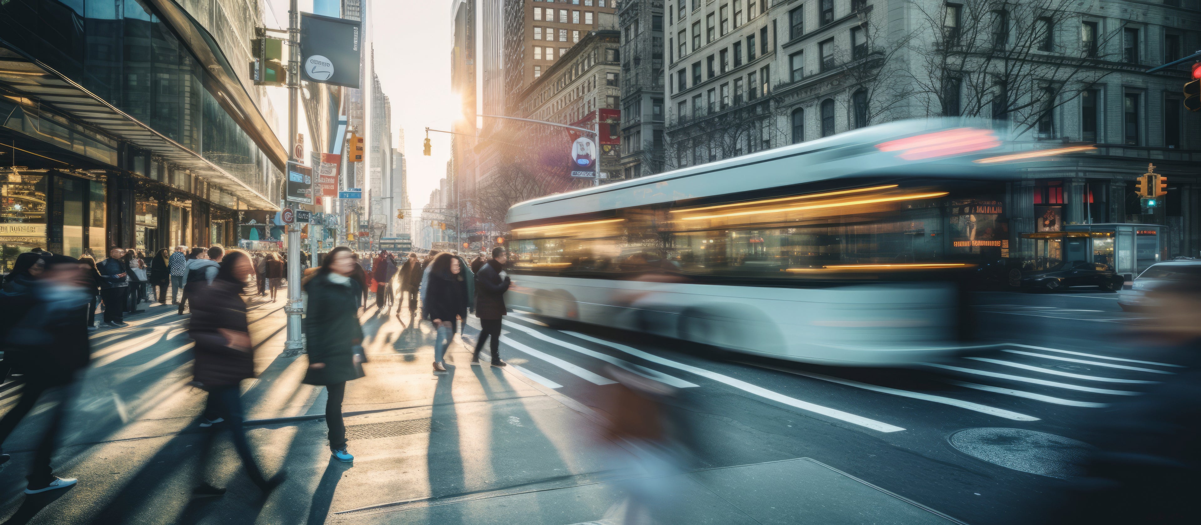 City street scene with a bus and people walking during sunset.