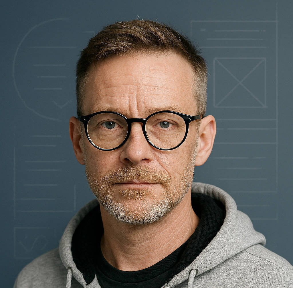 Man wearing glasses and a gray hoodie against a dark blue background