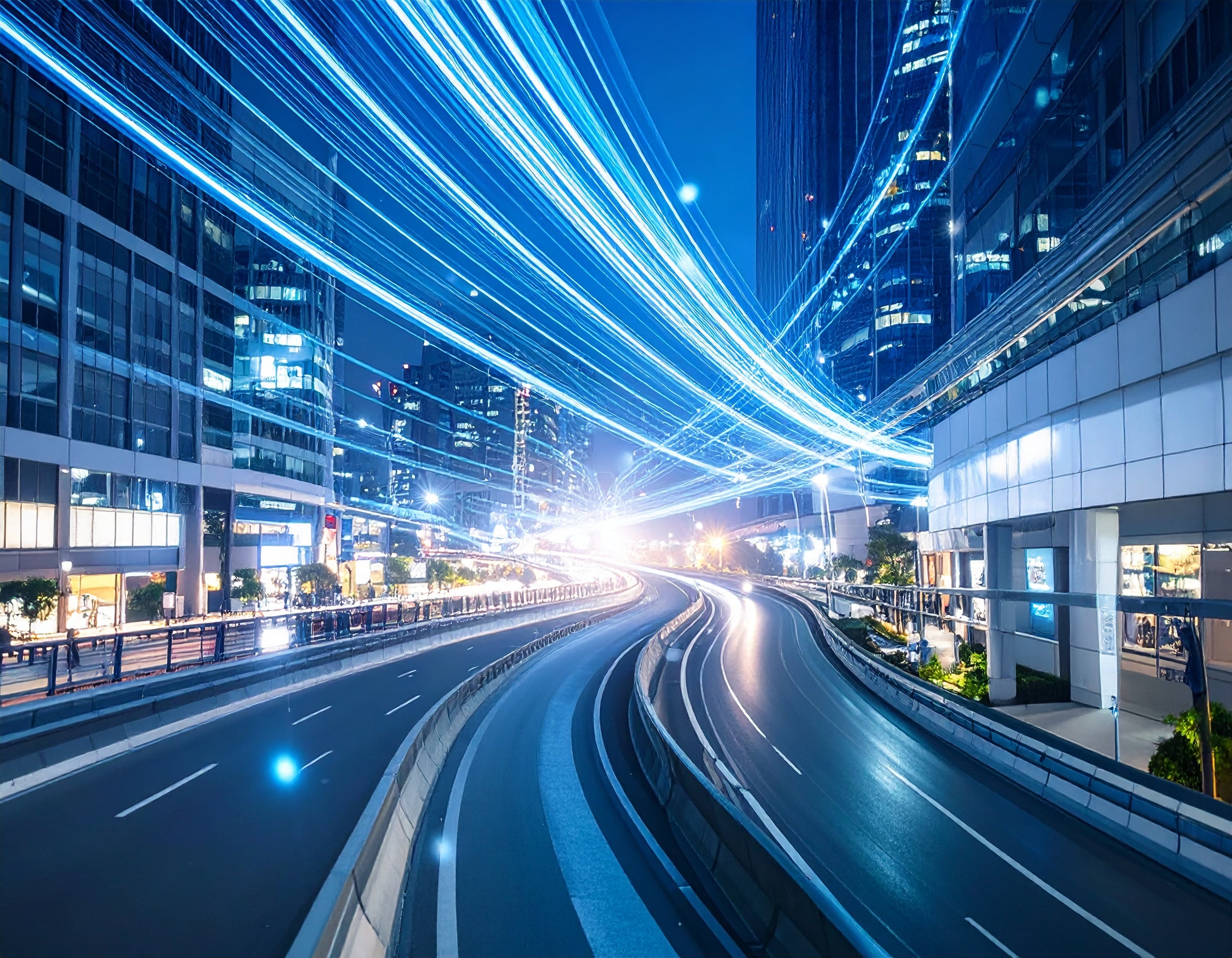 City street at night with futuristic design elements and light streaks.