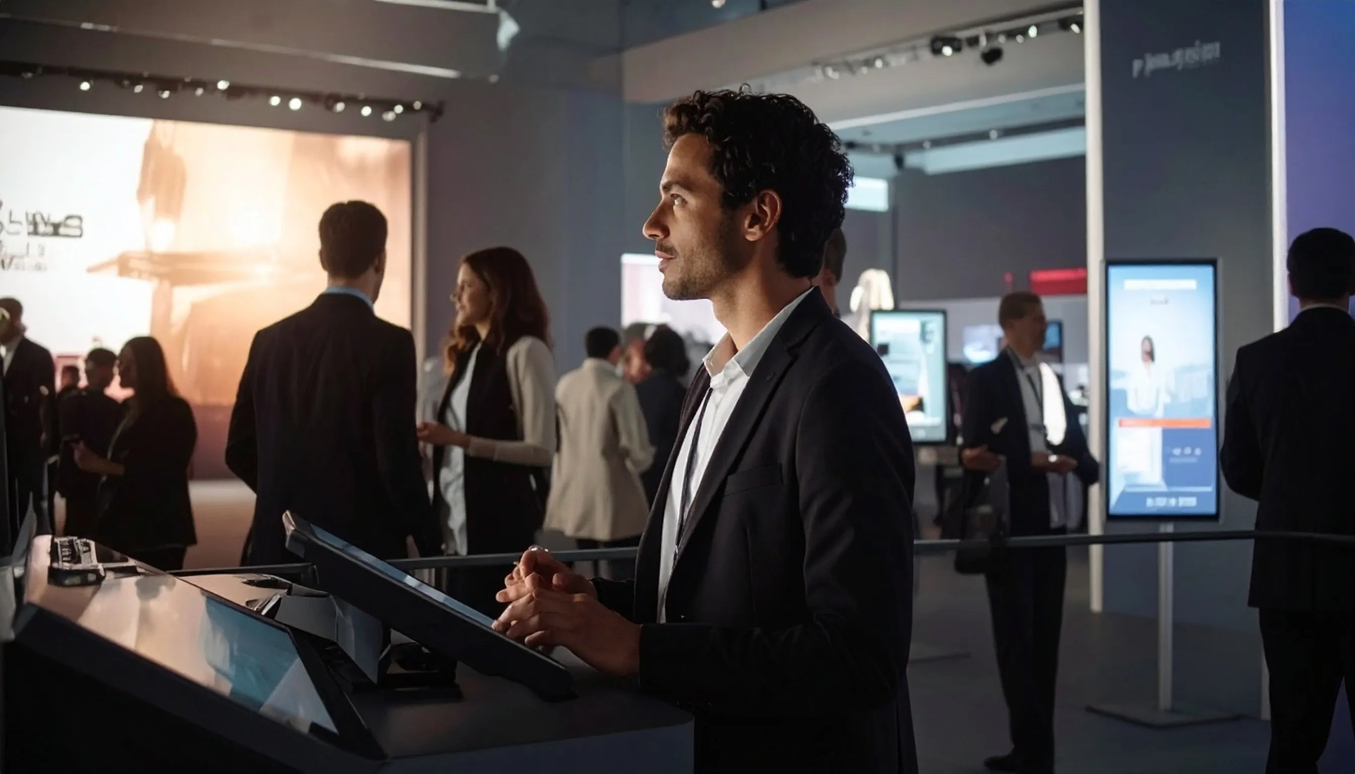 A man in a dark suit stands at a touchscreen display table in a modern exhibition hall, surrounded by other attendees and booths.