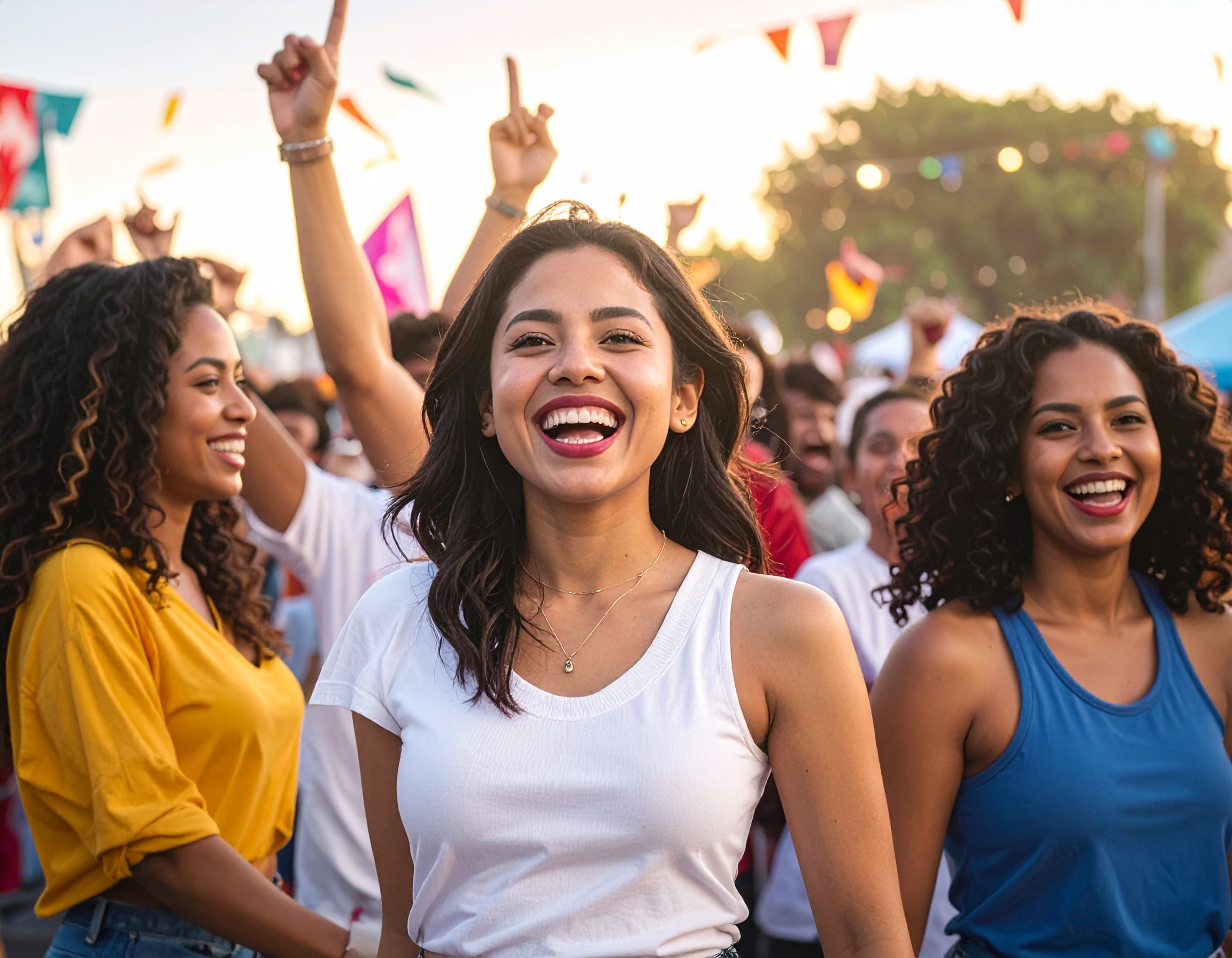 Three women smiling and enjoying themselves at a lively outdoor event with colorful flags and people in the background.