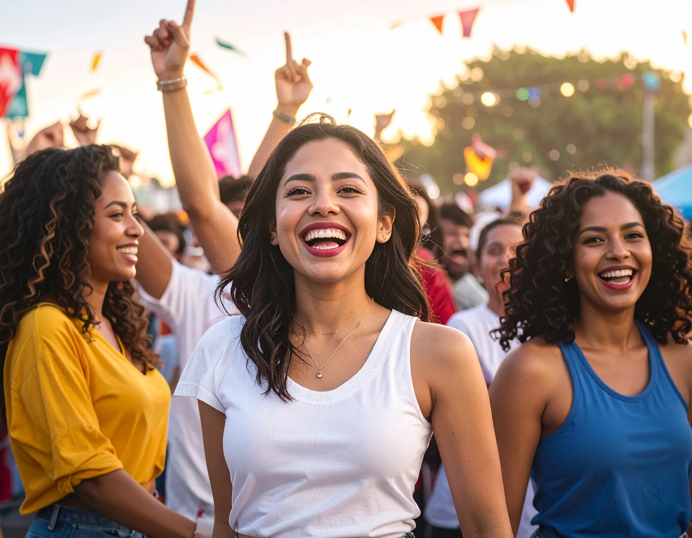 Three smiling women standing outdoors at what looks like a festival or event at sunset, with colorful flags in the background and one woman in the center wearing a white tank top.