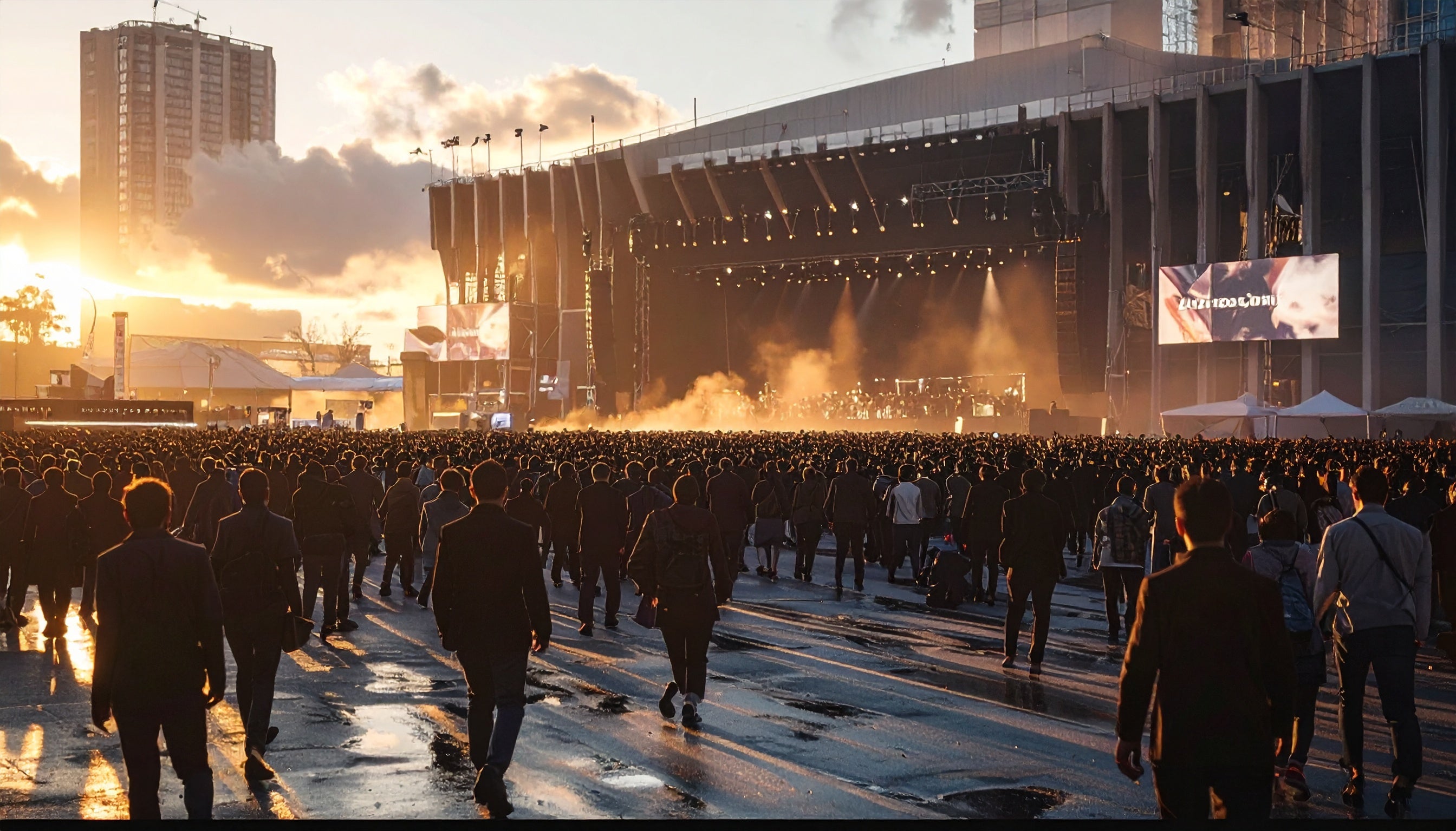 Large crowd at a concert with stage lights and smoke effects.