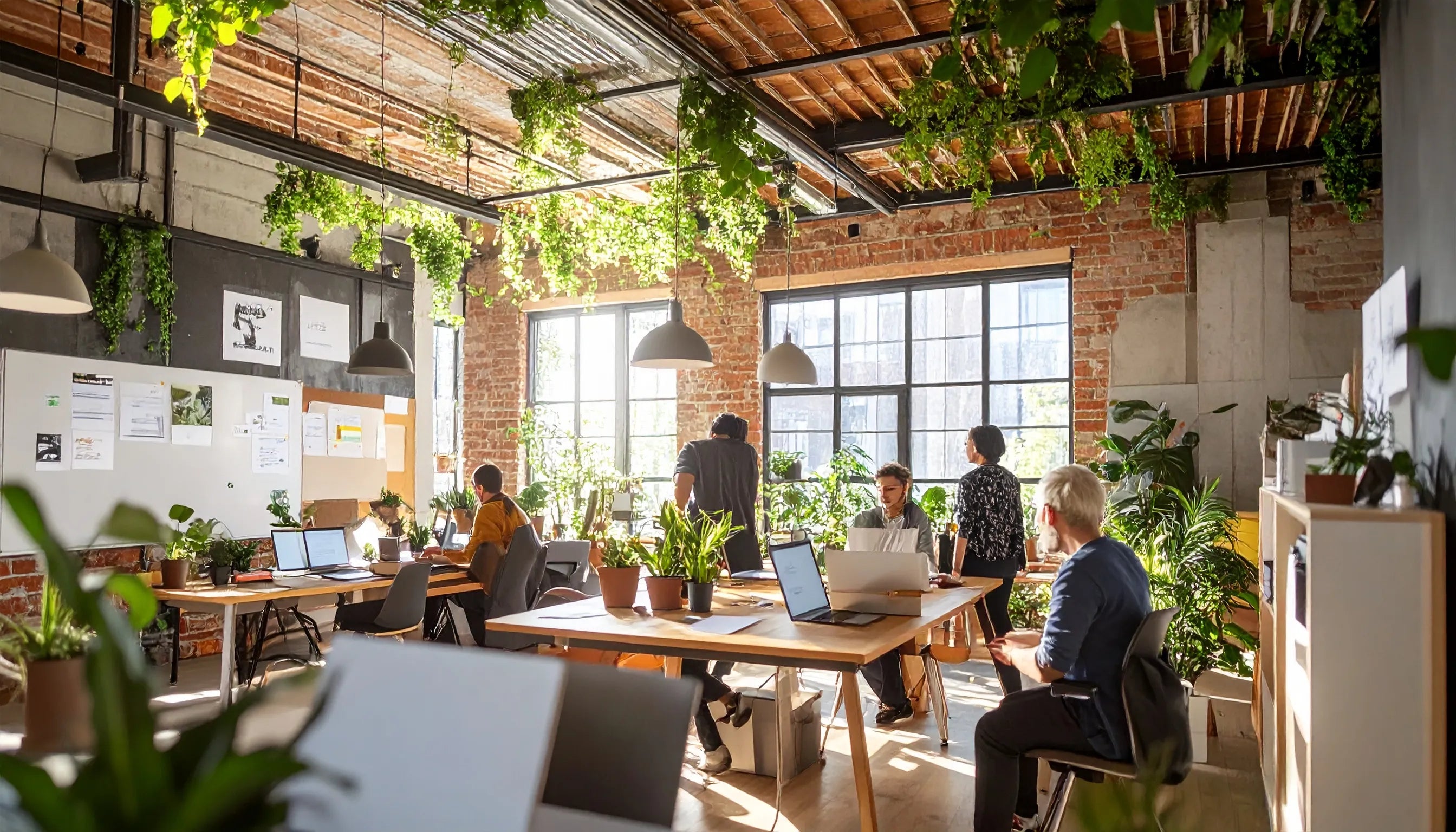 A bright, modern open-office workspace with brick walls, large windows, hanging green plants, and several people seated at wooden desks working on laptops.