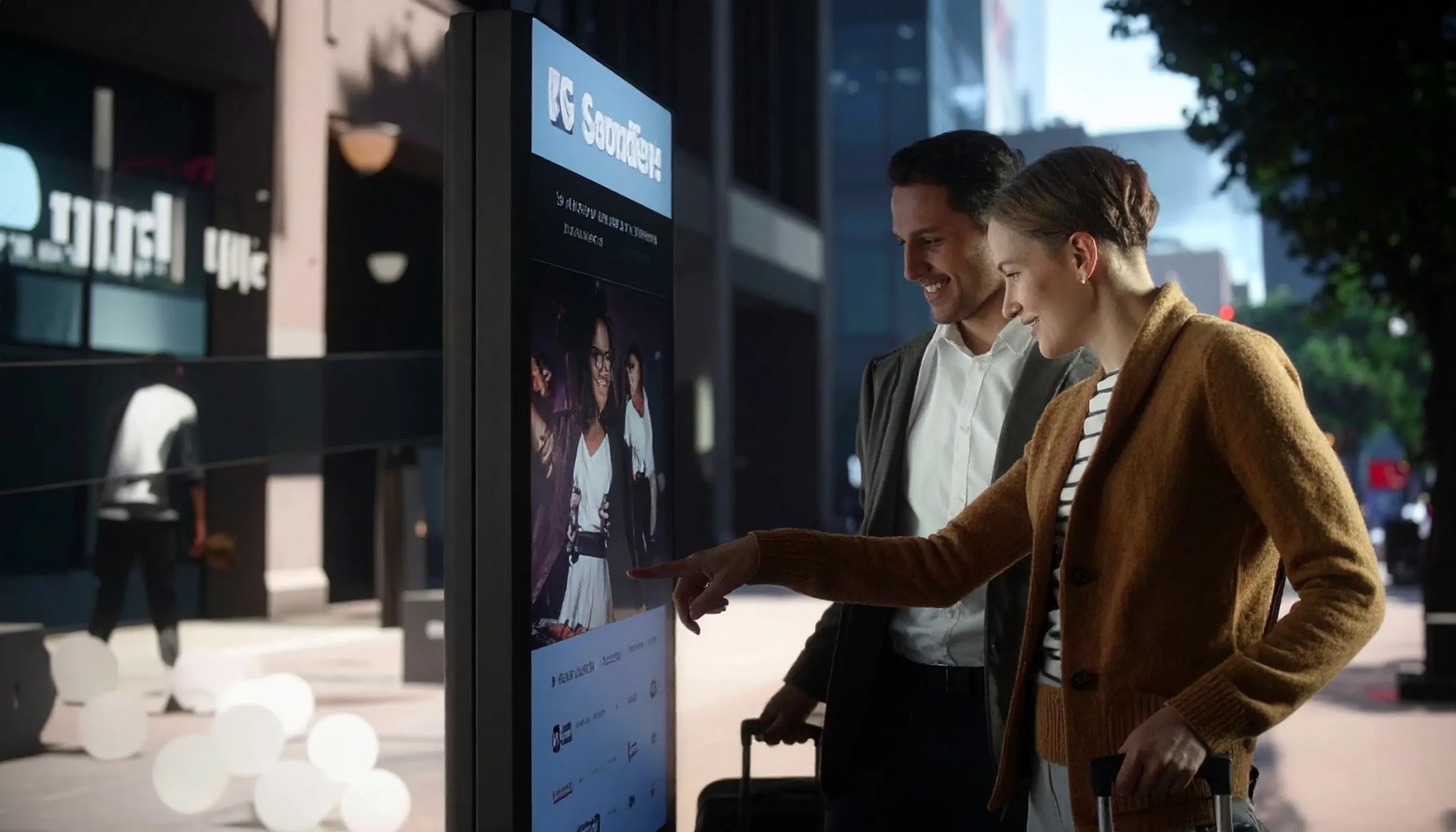 A man and a woman stand beside a tall vertical digital kiosk in a city setting, with the woman pointing at the screen. The kiosk displays travel or booking content, and storefronts are visible in the background.