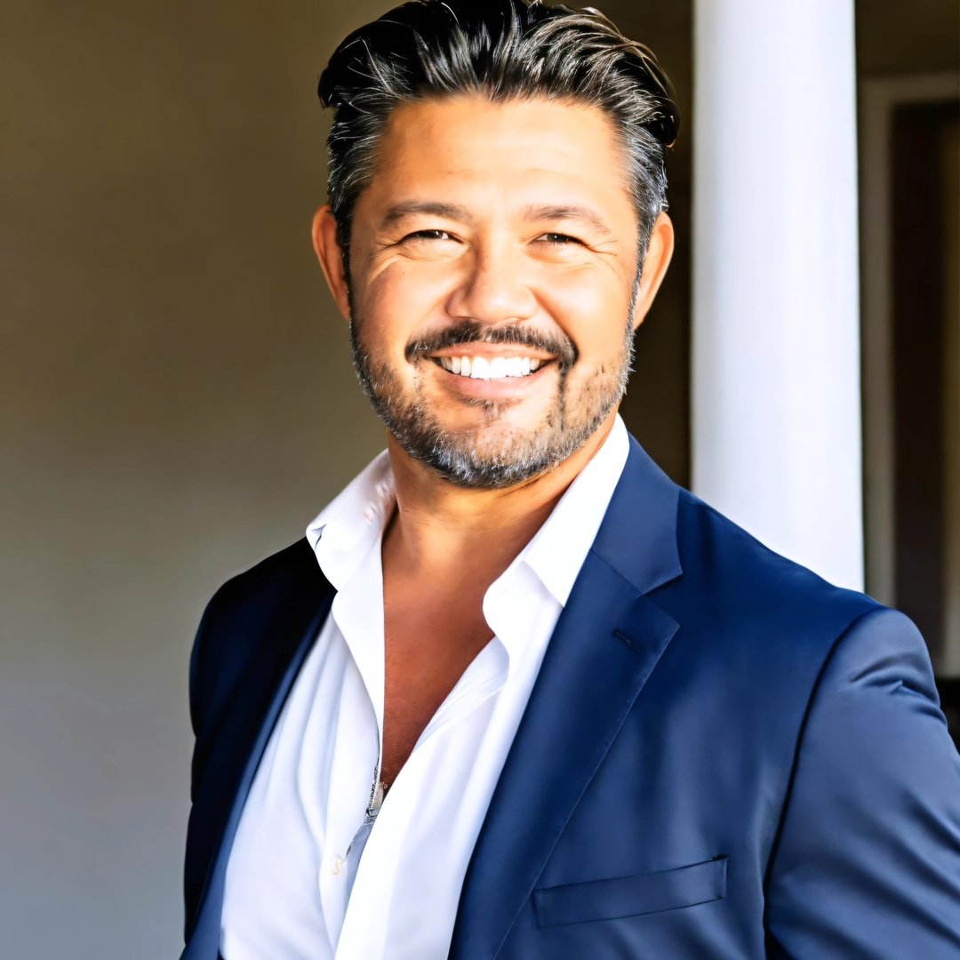 Man wearing a blue suit and white shirt with a blurred background