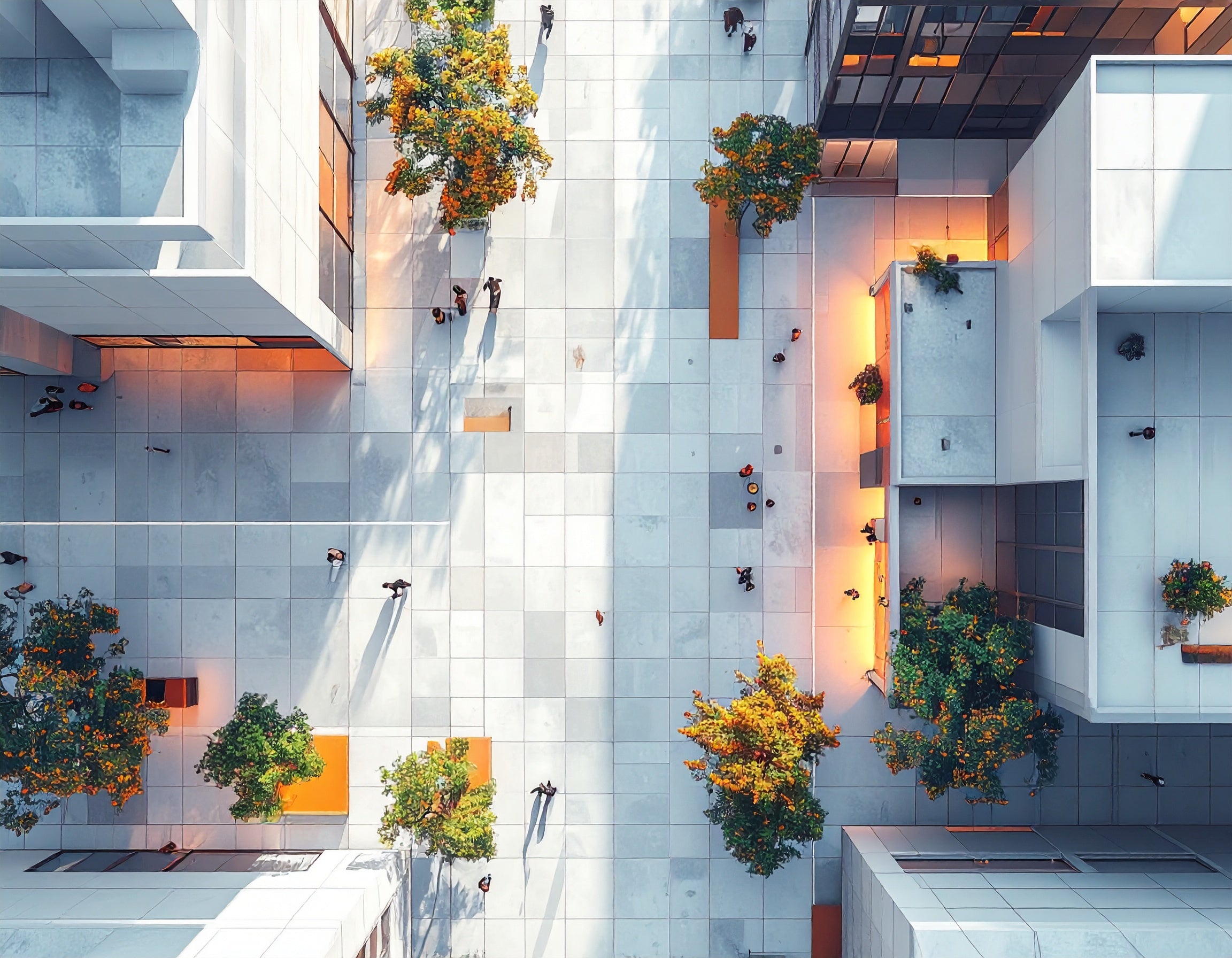 A modern architectural scene with buildings, balconies, and trees.