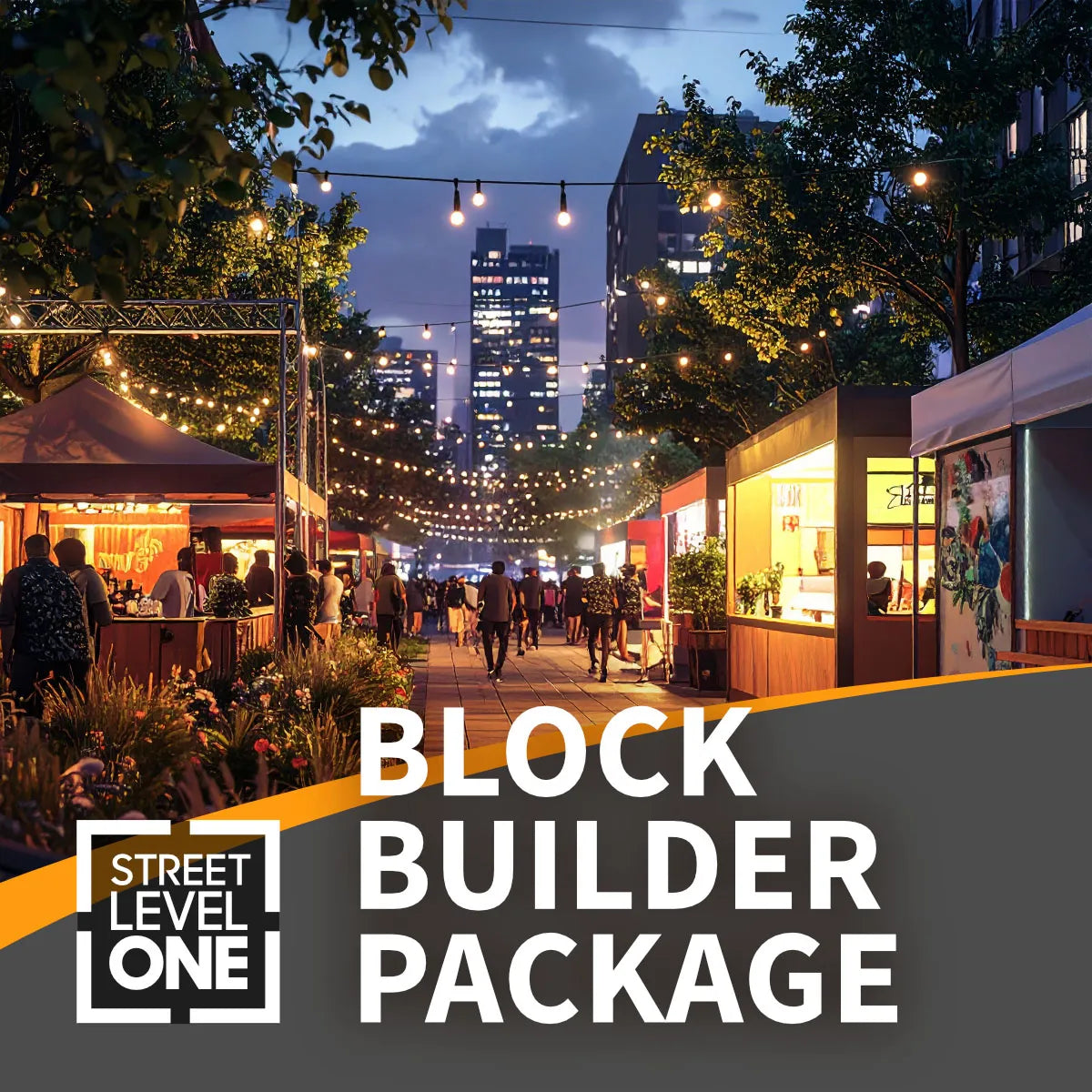 Promotional graphic for a digital design asset pack titled 'BLOCK BUILDER PACKAGE' by Street Level One, set against a nighttime urban street market scene with illuminated market stalls, people walking, and city buildings in the background.
