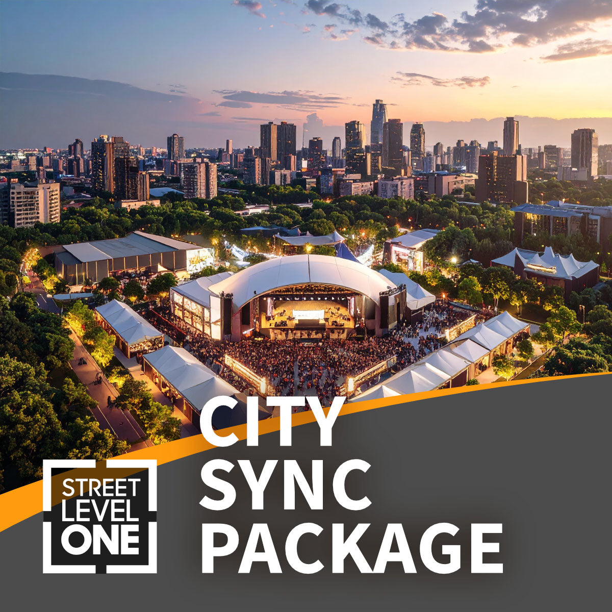 Cityscape with outdoor event space and 'Street Level One City Sync Package' text overlay.