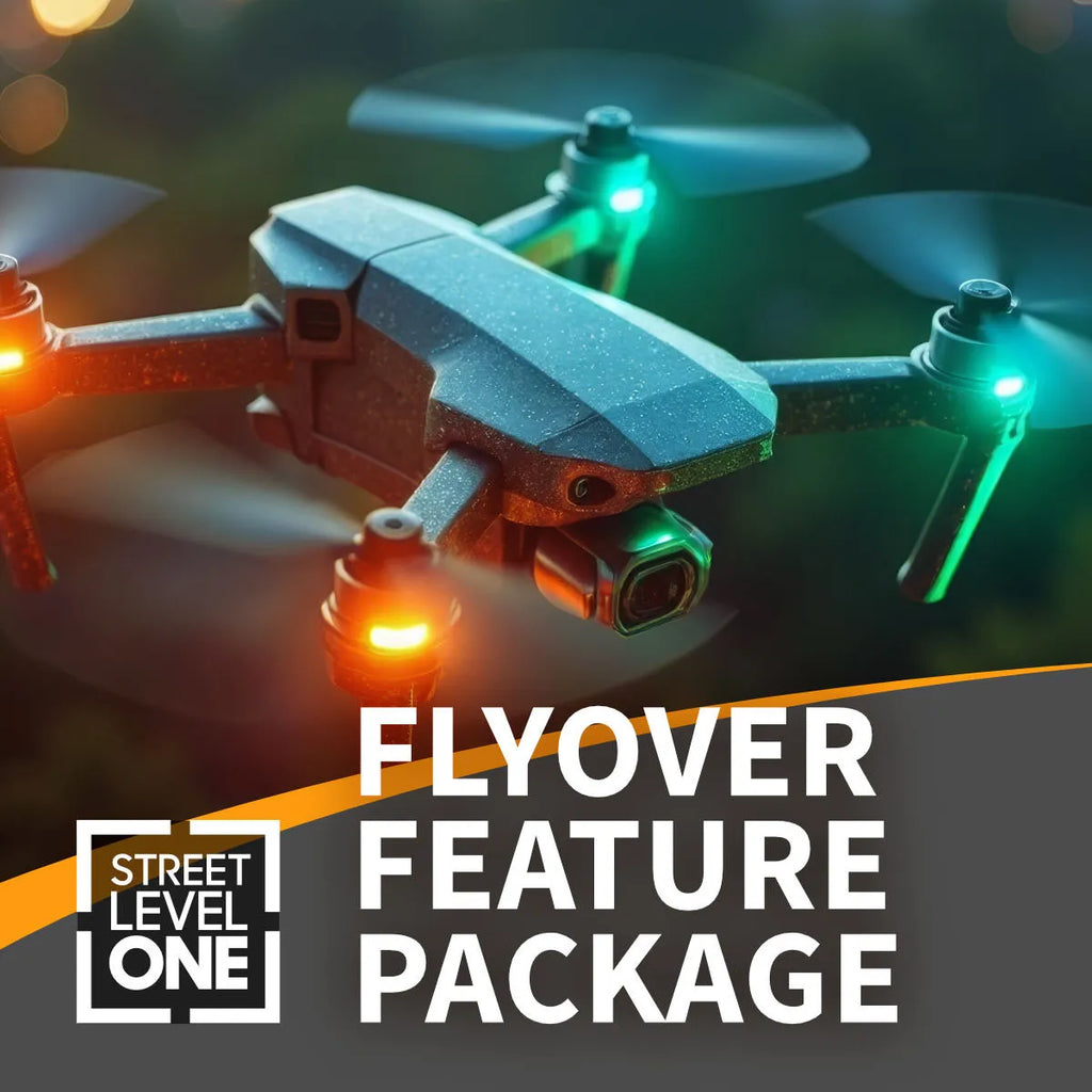 A promotional graphic for a drone feature package, showing a quadcopter drone in flight against a dark blurred background with glowing green and orange lights. Large text reads 'FLYOVER FEATURE PACKAGE,' and a logo in the lower left says 'STREET LEVEL ONE.
