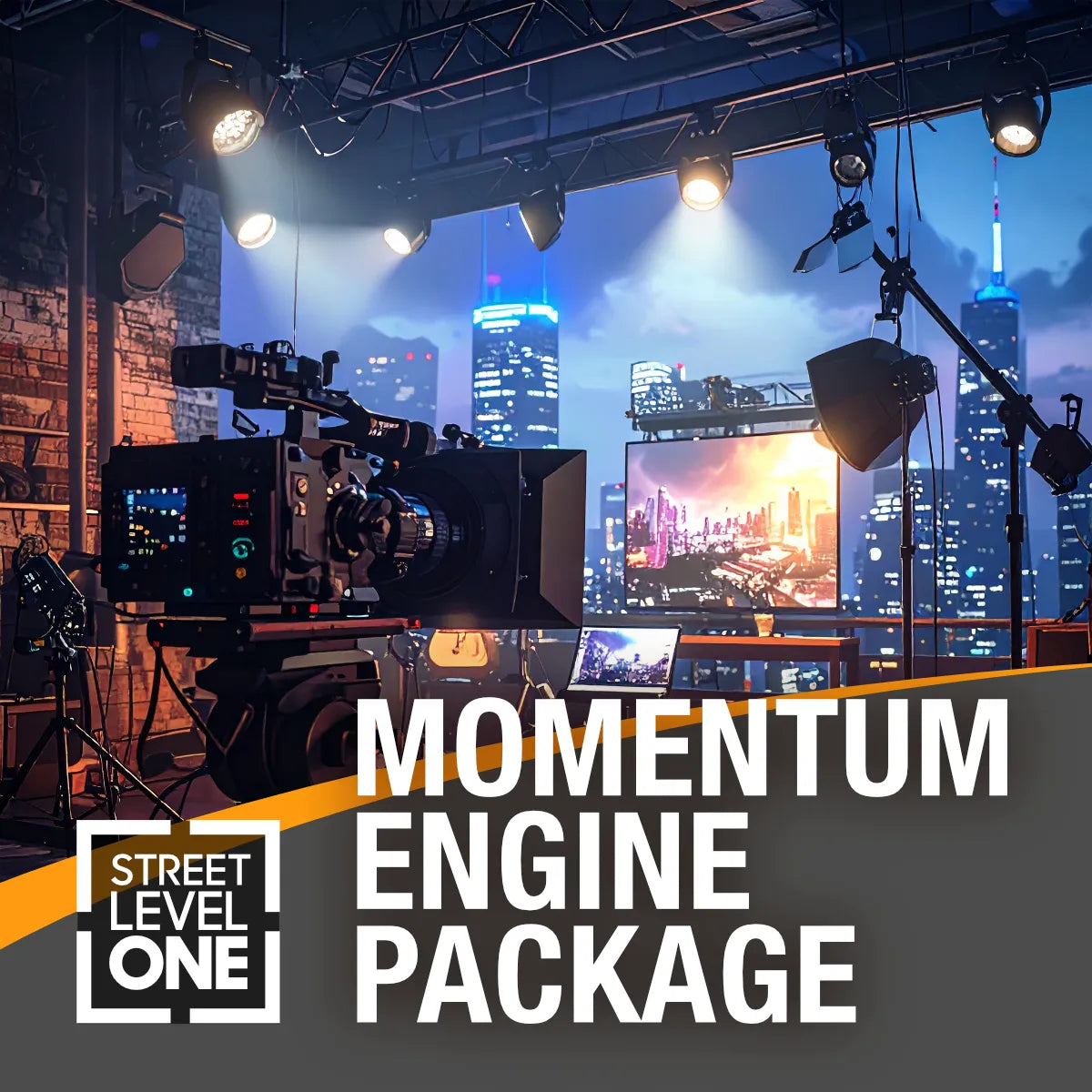 Promotional graphic for the Street Level One Momentum Engine Package, featuring a professional video studio setup with a large camera, lighting rigs, and screens, overlaid with the text 'MOMENTUM ENGINE PACKAGE' and the 'STREET LEVEL ONE' logo.