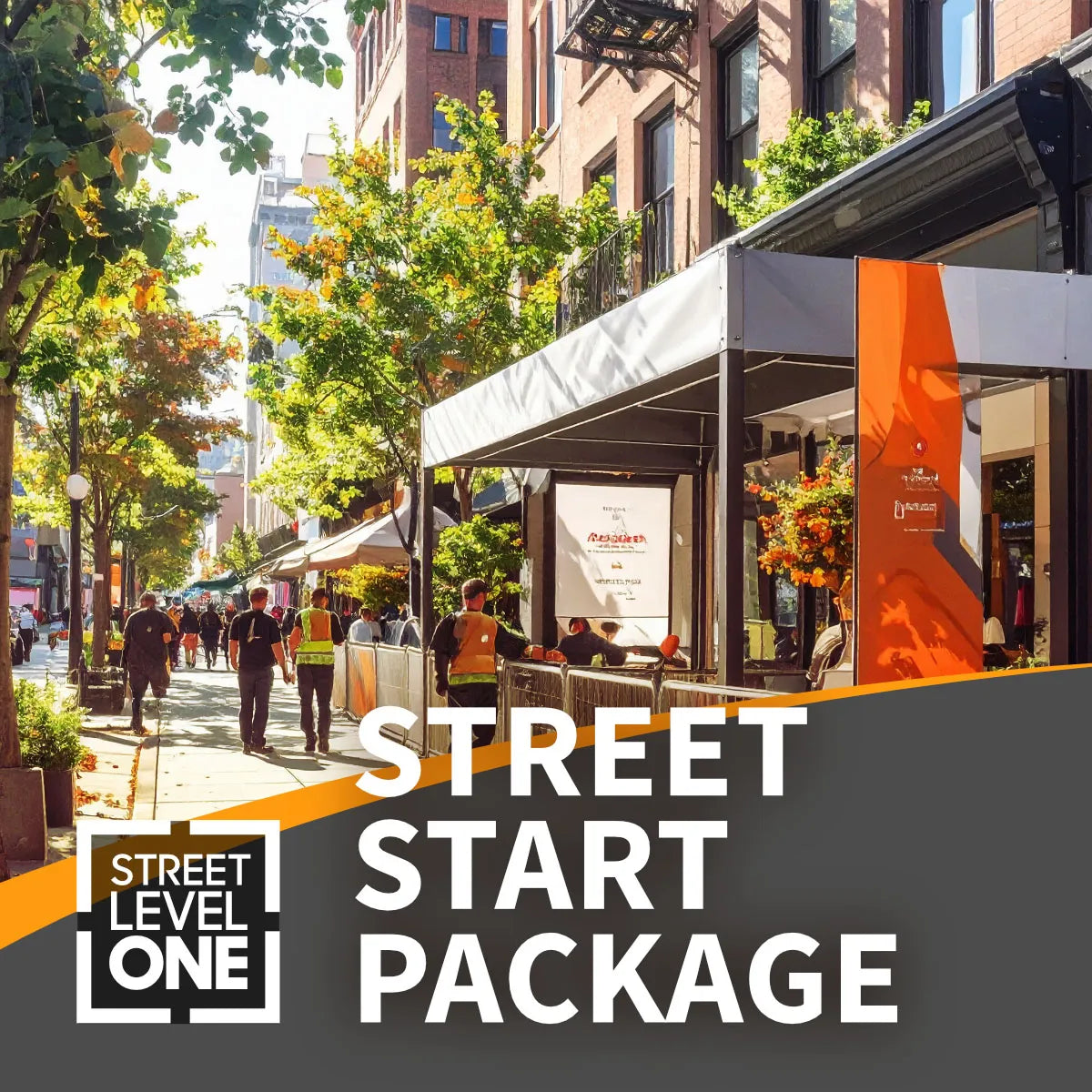 Promotional graphic for the Street Level One Street Start Package, featuring a sunny urban street scene with pedestrians, storefront awnings, and large overlaid text reading 'STREET START PACKAGE' and the Street Level One logo.