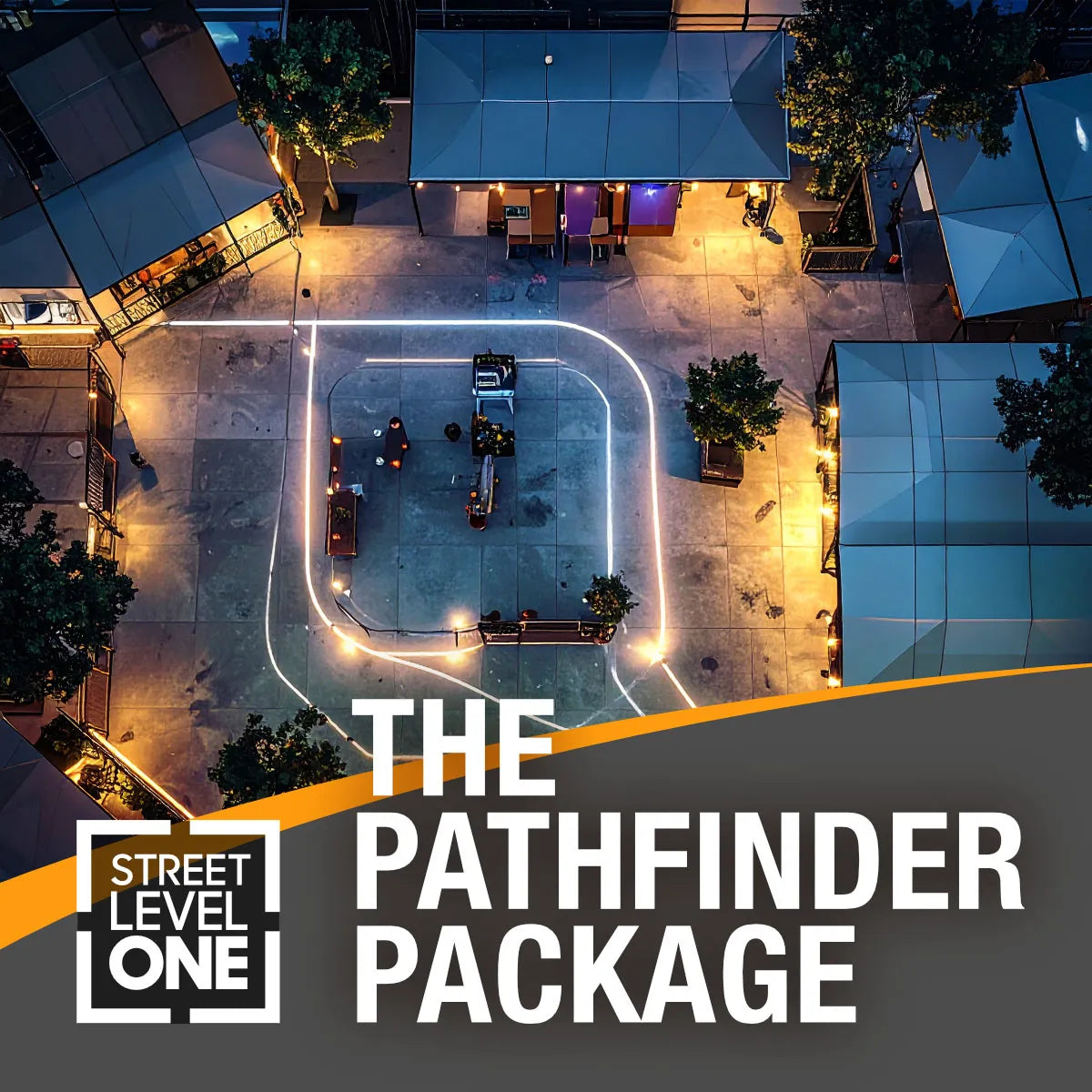 Overhead nighttime view of a paved courtyard with glowing white outlined routes and several small vehicles, overlaid with the text 'THE PATHFINDER PACKAGE' and a 'Street Level One' logo. This appears to be a promotional graphic or digital cover rather than a straightforward product photo.