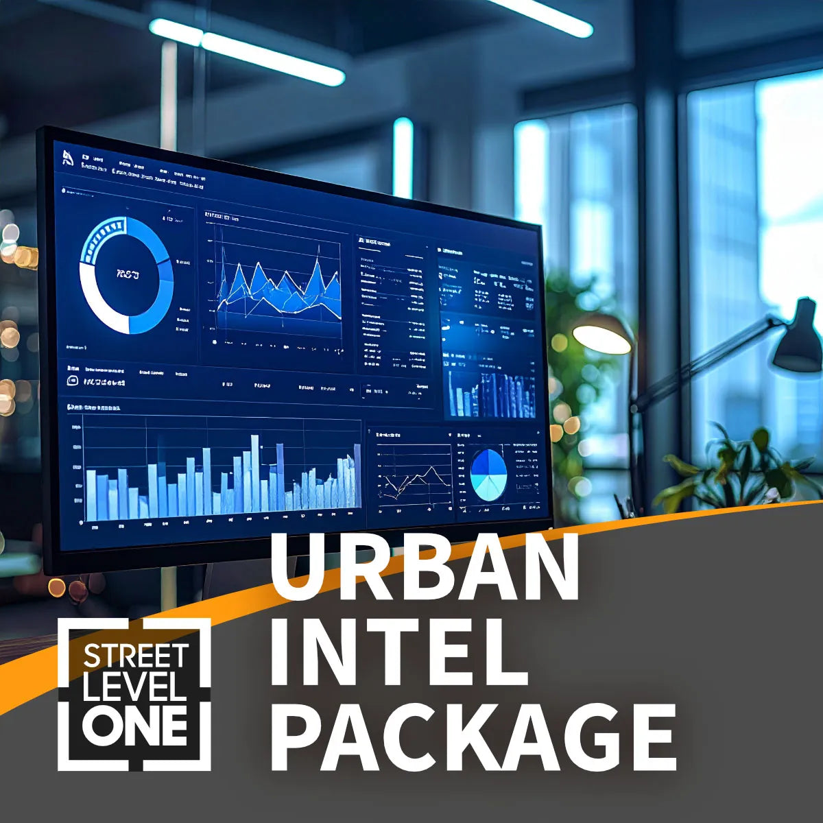 A large computer monitor displaying blue and white data charts and graphs in an office setting, with a dark gray banner across the bottom reading 'URBAN INTEL PACKAGE' and a 'STREET LEVEL ONE' logo.