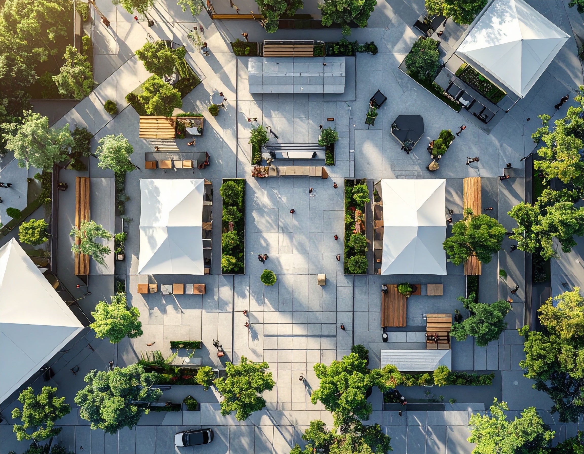 Aerial view of a modern outdoor courtyard with greenery and architectural elements.