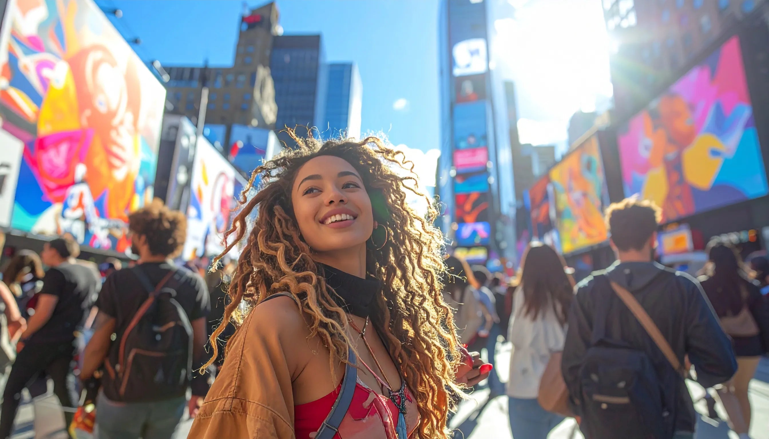 A smiling woman with long curly hair stands in a crowded Times Square, surrounded by bright digital billboards and city buildings under a sunny blue sky.