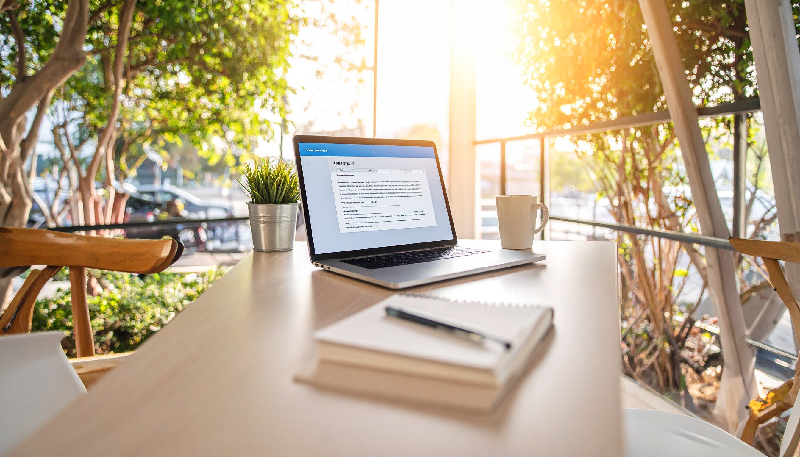 Laptop on a desk with a notebook and pen, surrounded by natural light and greenery.